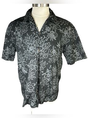 Vtg Aloha Republic Black Gray Floral Hawaiian Made Button Up Shirt Sz XL Cotton